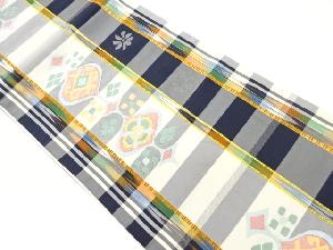 格子に花・抽象模様織出し袋帯